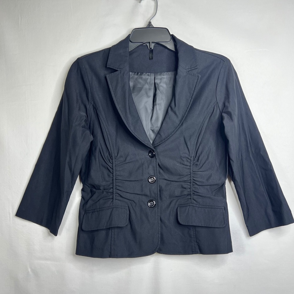 Black Ruched Blazer Women L 3/4 Sleeve Fitted Stretchy Workwear Chic Dark Goth